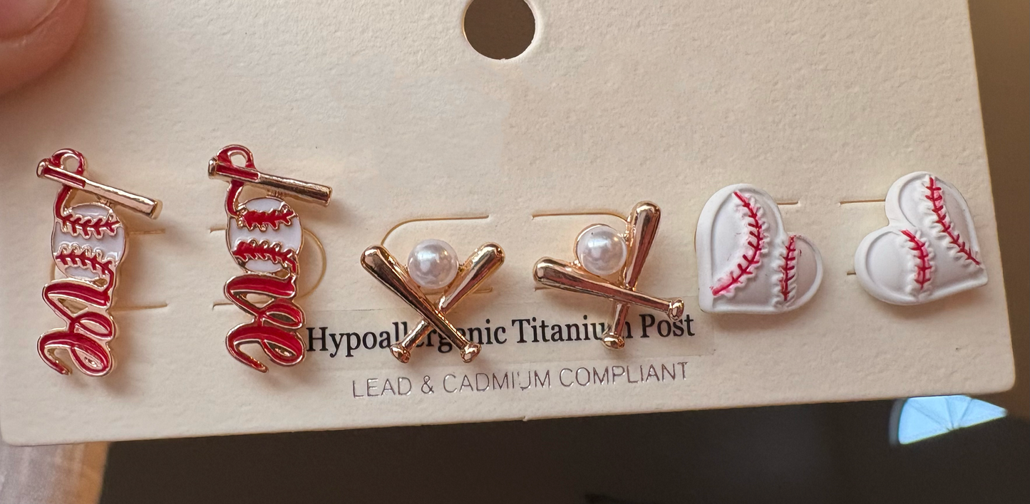 3 Piece Fashionable Baseball Stud Earrings